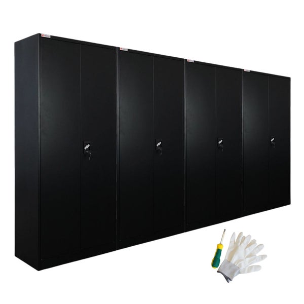 Vierer-Set Metallschränke mit Doppeltüren und Schlössern, inklusive Schraubendreher und Arbeitshandschuhen für Werkstatt und Garage.