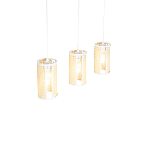 Drei Pendelleuchten mit zylindrischen Schirmen und Rattanmuster