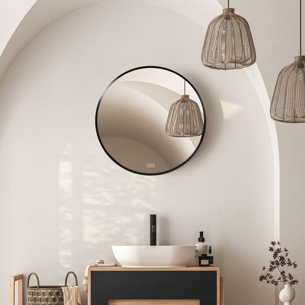 kleankin Badspiegel Ø50 cm Runder Spiegel Badezimmerspiegel mit Alurahmen Wandspiegel für Wohnzimmer, Schlafzimmer, Badezimmer, IP44, Schwarz