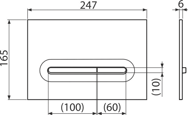 Maßzeichnung einer Betätigungsplatte für die Toilette mit Abmessungen: Breite 247 Millimeter, Höhe 165 Millimeter und Tiefe 6 Millimeter.