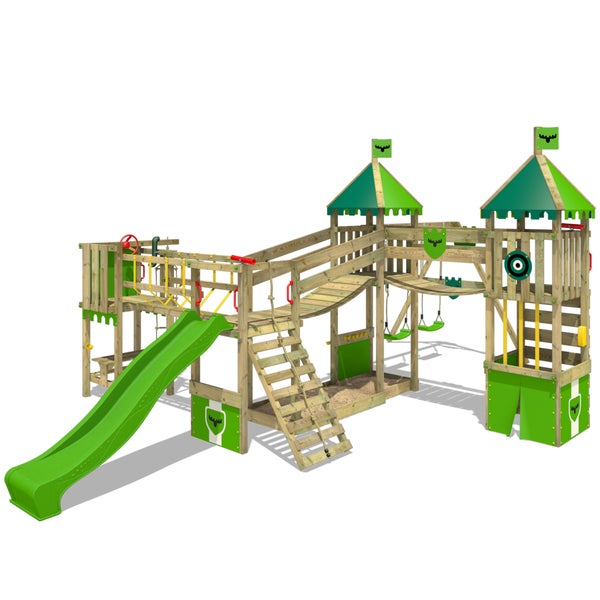 Fatmoose Spielturm Klettergerüst FunnyFortress mit Doppelschaukel, Brücke und Rutsche – apfelgrün
