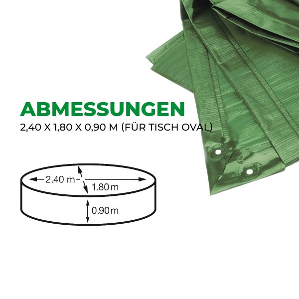 Abmessungen einer grünen Abdeckplane für ovale Tische. Länge 2,40 Meter, Breite 1,80 Meter und Höhe 0,90 Meter.