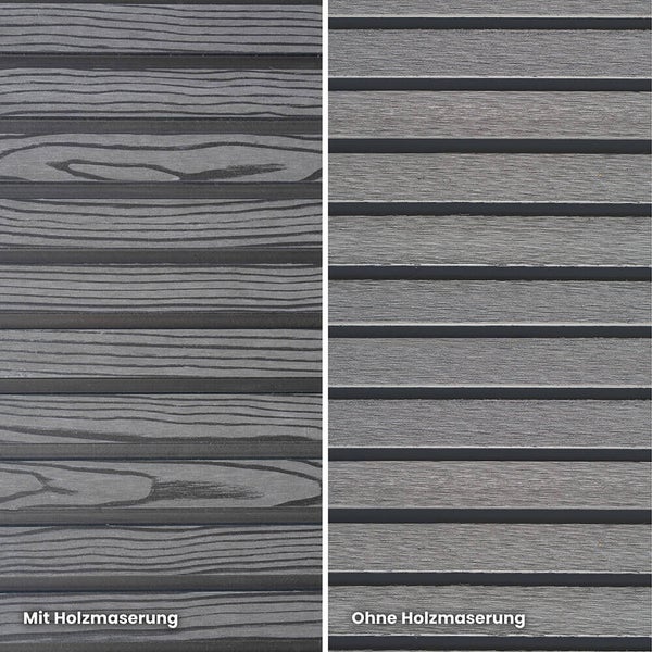 Vergleich von WPC Terrassendielen mit Holzmaserung und ohne Holzmaserung