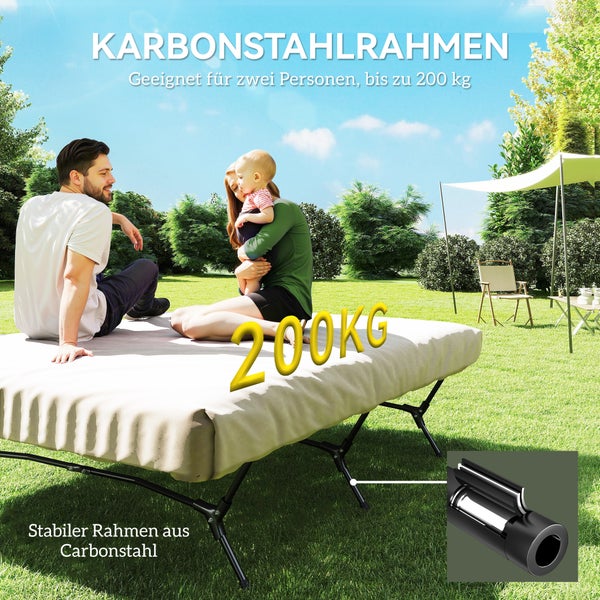 Outsunny Feldbett Campingbett mit Luftmatratze Pumpe 200 x 153 cm Gästebett belastbar bis 200 kg Extra Breit Campingliege für 2 Erwachsene für Camping Outdoor Garten Reisen Schwarz+Khaki