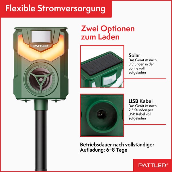 PATTLER® Solar Tierschreck, Marderschreck, Hundeschreck - Bewegungssensor mit 10m Reichweite - Flammenlicht zur Abschreckung - effektiv gegen Hunde, Marder, Füchse und andere Tiere