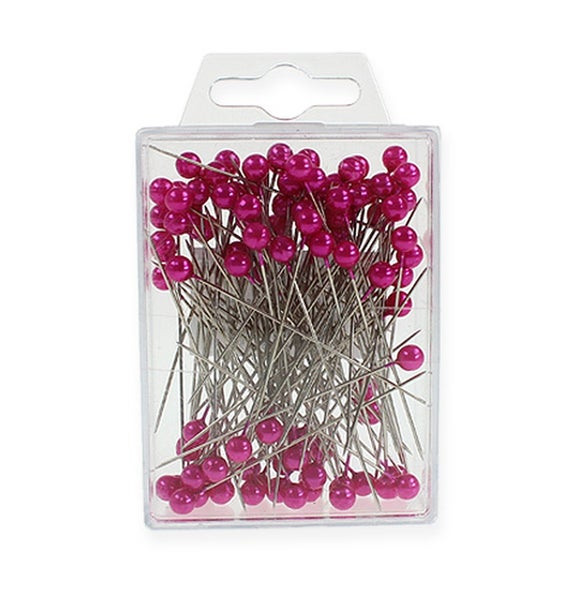 Stecknadeln mit Köpfen in einer transparenten Kunststoffverpackung