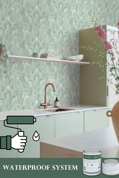 Küchenszene mit Palmblattmuster Tapete und Wall Pro wasserdichtem System