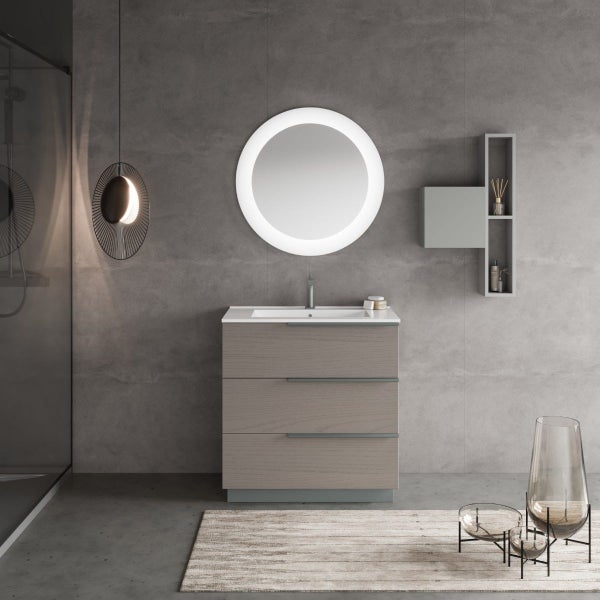 Badmöbelset 80cm mit rundem LED-Spiegel, Holzoptik grau | New York
