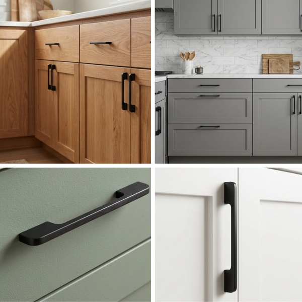 Collage verschiedener Küchenschränke und Schubladen mit modernen Griffen