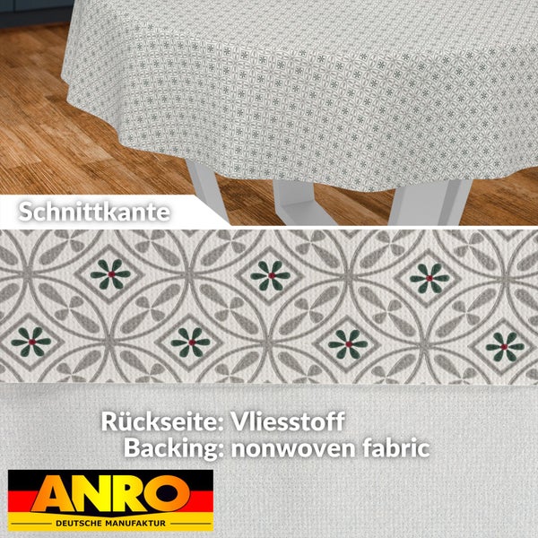 Runde Tischdecke mit geometrischem Muster, Rückseite aus Vliesstoff und glatter Schnittkante. ANRO Deutsche Manufaktur Logo.
