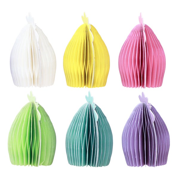 Sechs Notizblöcke in Hühnerform