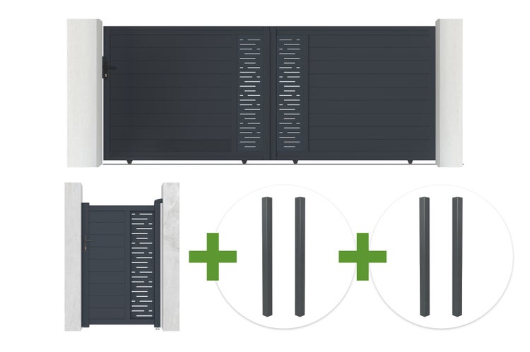 Anthrazitfarbenes Einfahrtstor-Set mit Gartentür und vier Aluminiumpfosten. Modernes Design mit horizontalen Paneelen und dekorativen Schlitzen.