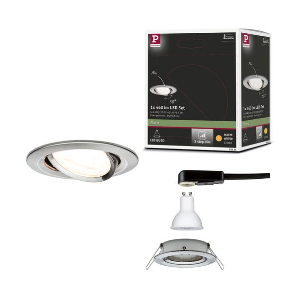 Paulmann LED Einbaustrahler Set Nova, Eisen gebürstet, Paulmann Logo, 460 Lumen, warmweiß 2700 Kelvin, 3-Stufen-Dimmer, 50 Grad schwenkbar.