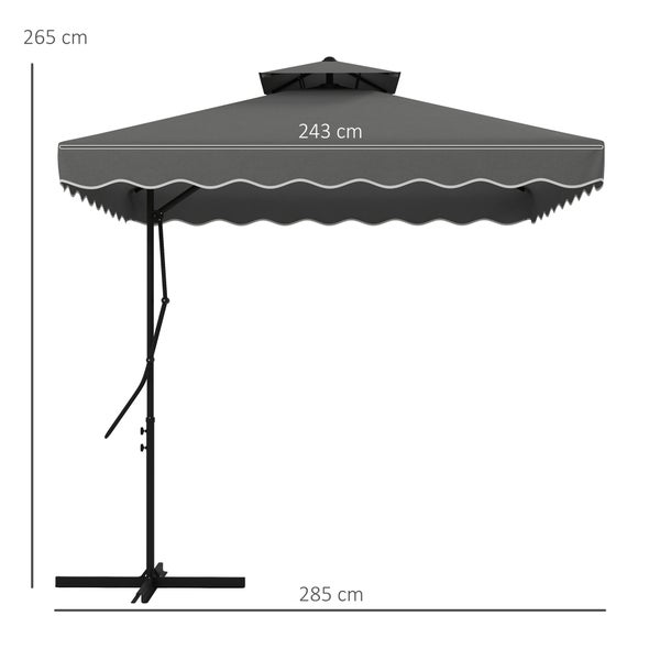 Outsunny Sonnenschirm, 243 x 243 cm Balkonschirm mit UV-Schutz, Ampelschirm mit Doppeldach, Kreuzfuß, Terrassenschirm mit Rüschen, 4 Streben, für Garten, Metall, Dunkelgrau