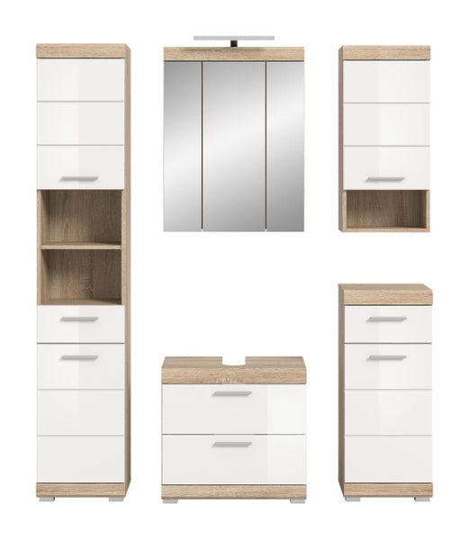 Fünfteiliges Badezimmermöbel-Set in Holzoptik mit weißen Hochglanzfronten, inklusive Hochschrank, Spiegelschrank und Waschbeckenunterschrank.