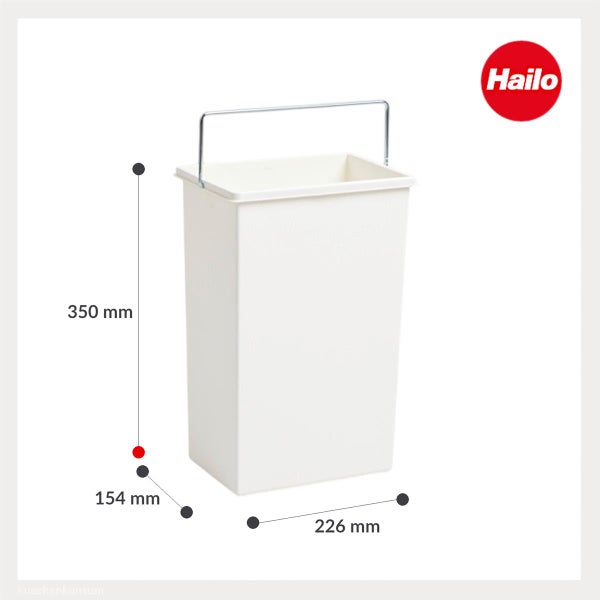 Hailo Ersatzeimer aus weißem Kunststoff mit Metallbügel, Maße 350 mal 226 mal 154 Millimeter. Hailo Logo.