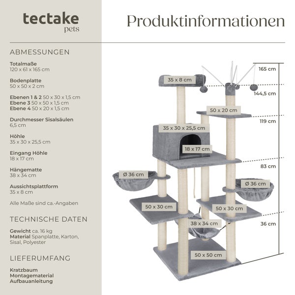 Kratzbaum tectake Lilou inklusive 4 Spielbällen, Kordel und Kippschutz 165 cm grau