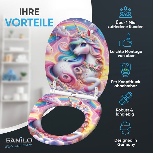 Sanilo WC Sitz mit Einhorn Motiv Regenbogen Design inklusive Montagevorteilen und abnehmbarer Funktion fuer einfache Reinigung
