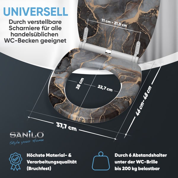 Sanilo Logo. Toilettensitz mit Marmormuster. Breite 37,7 Zentimeter, Länge 46 bis 48 Zentimeter. Verstellbare Scharniere, belastbar bis 200 Kilogramm.