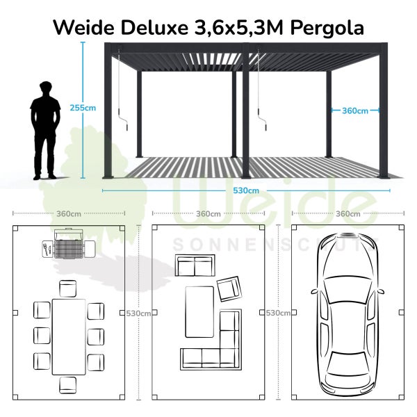 Weide Deluxe Pergola 3,6 x 5,3 M - Freistehend, Voll-Aluminium, Lamellendach, Weiß