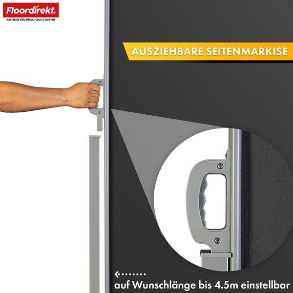 Ausziehbare Seitenmarkise mit Handgriff und einstellbarer Länge bis 4.5 Meter