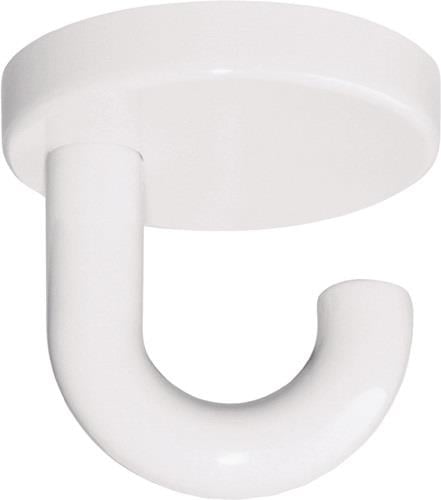Weißer Deckenhaken aus Metall mit runder Basisplatte.