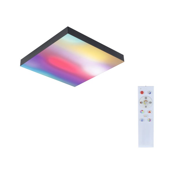 Quadratische LED Deckenleuchte mit RGB Funktion und Fernbedienung zur Lichtsteuerung.