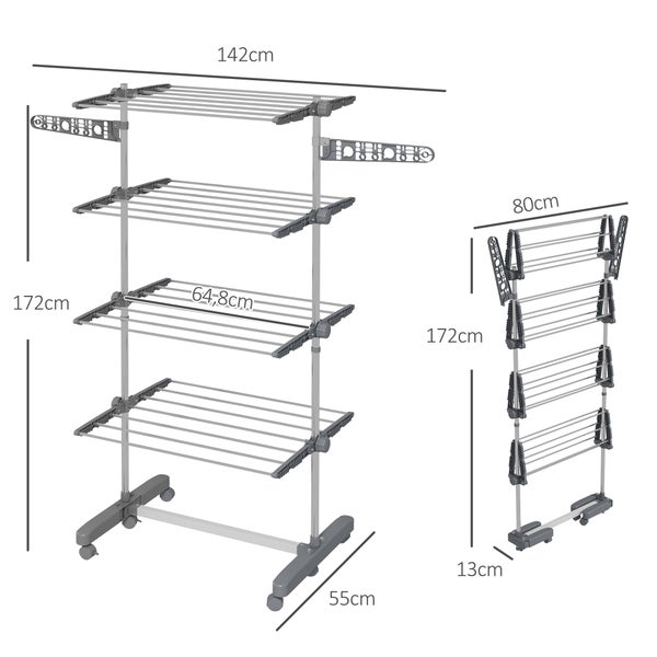 HOMCOM Wäscheständer, 142 x 55 x 172 cm, Stahl, Grau