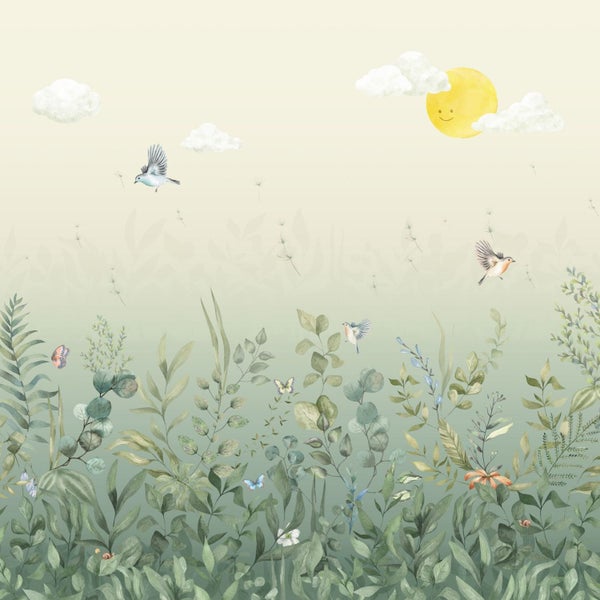 Illustration einer Wiese mit Pflanzen, Vögeln, Schmetterlingen, Wolken und Sonne