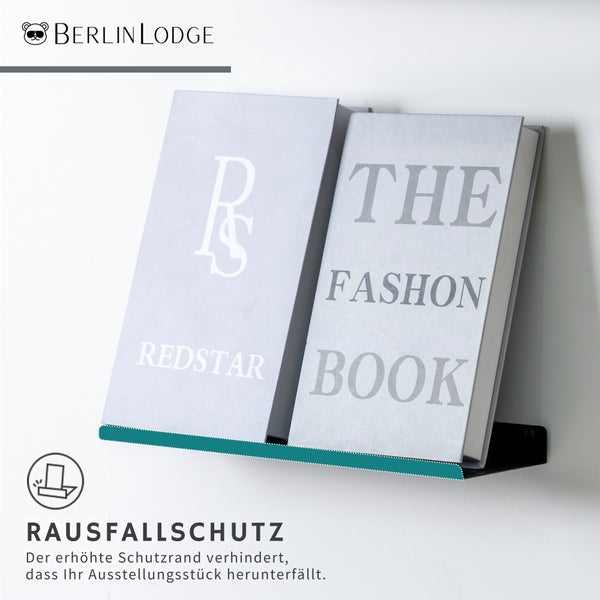 Wandregal aus Metall mit erhöhter Vorderkante als Rausfallschutz, BerlinLodge Logo.