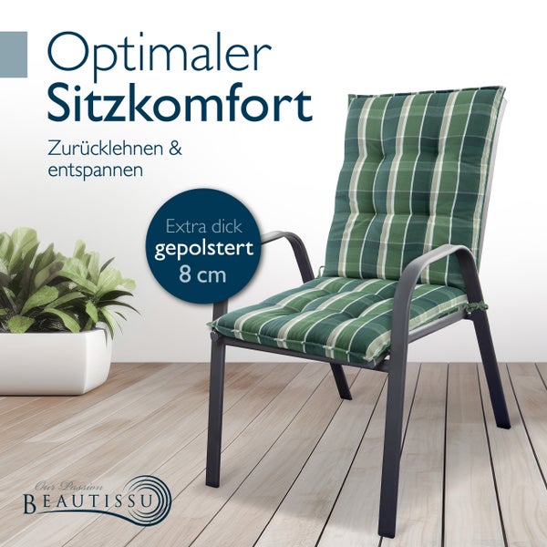 Gartenstuhl mit extra dicker, gepolsterter Sitzauflage mit Karomuster und acht Zentimeter Dicke.