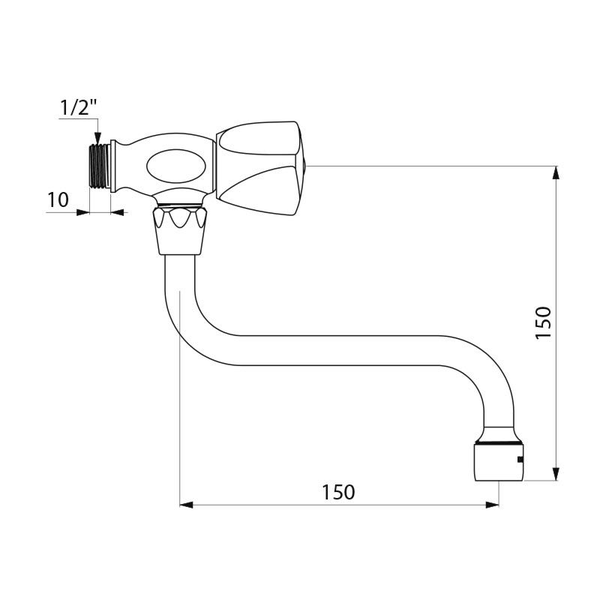 Maßzeichnung eines Wandventils mit Schwenkauslauf, Anschluss 1/2 Zoll, Ausladung 150 Millimeter, Höhe 150 Millimeter.