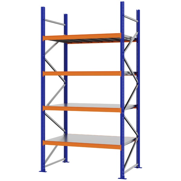 Schwerlastregal aus Metall mit vier Böden, blauem Rahmen und orangefarbenen Traversen, ideal für Werkstatt und Lager.