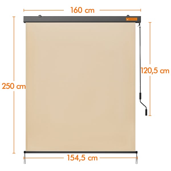 Ansicht eines beigen Sonnenschutzrollos mit Maßangaben