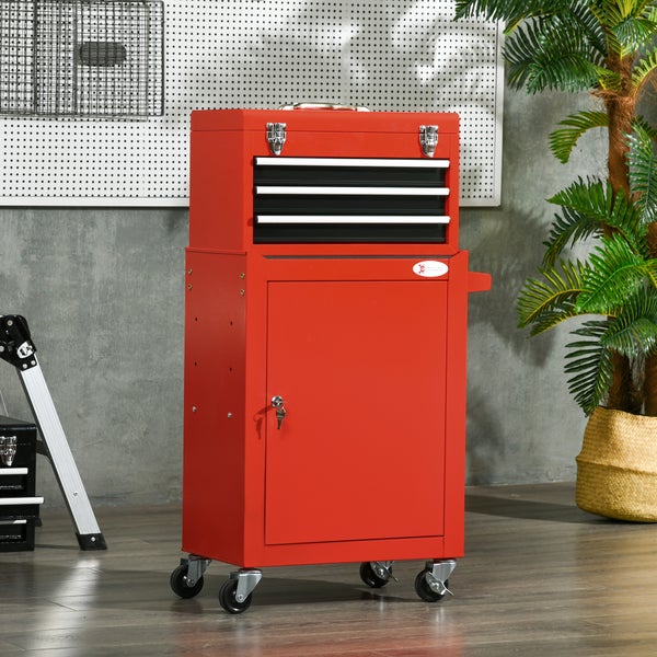 DURHAND, 2-in-1 Werkstattwagen, Rollwagen zur Werkzeugaufbewahrung, 46L x 28B x 94H cm, Stahl, Rot