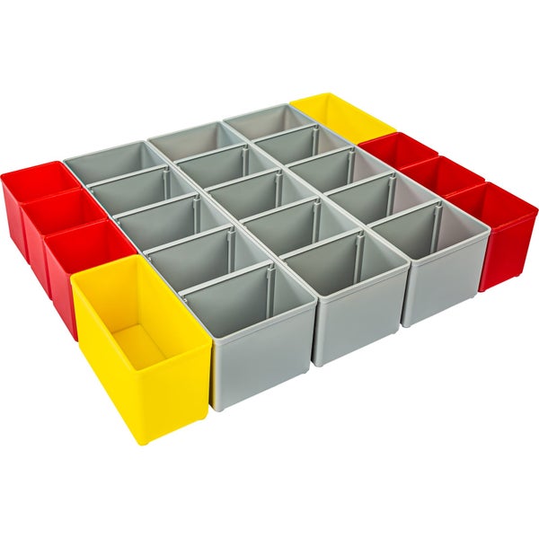 Set aus roten, gelben und grauen Einsatzboxen aus Kunststoff für Kleinteilemagazine in verschiedenen Größen.