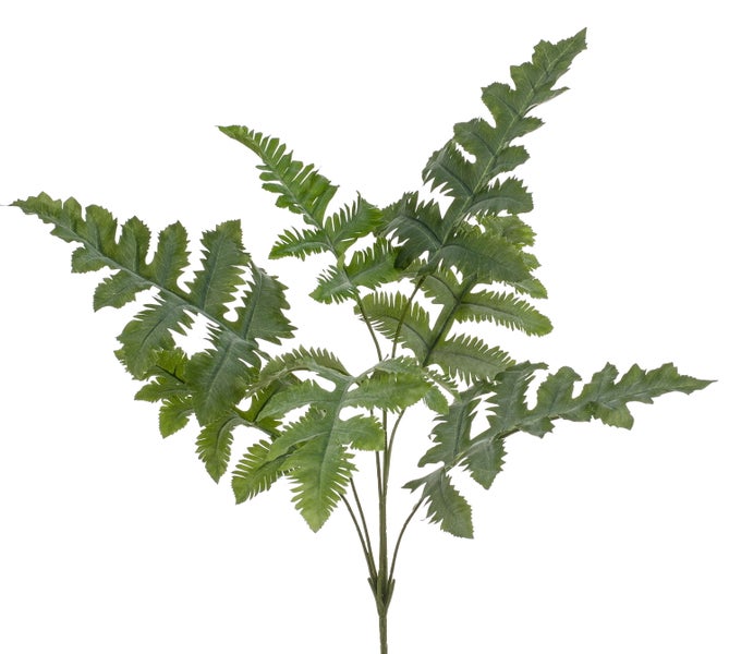 Künstlicher Farnzweig mit mehreren grünen Blättern.