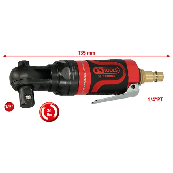 KS Tools Slimpower Druckluft Knarrenschrauber mit 1/2 Zoll Antrieb 135 mm Länge und 30 Newtonmeter Drehmoment