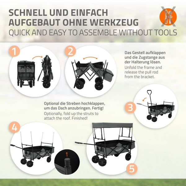 Hauki Bollerwagen L faltbar mit Dach, Grau, Handwagen klappbar, Transportwagen für Kinder, Gerätewagen inkl. 2x Netztaschen und 1x Außentasche, Vorderrad-Bremse, bis 80 kg, Transportkarre Kinderwagen