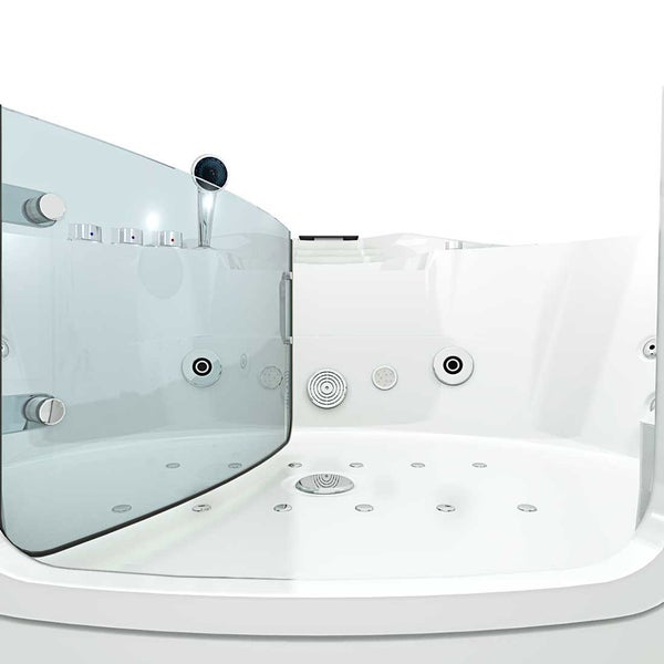 Innenansicht einer weißen Whirlpool-Badewanne mit integrierter Glastür, Handbrause und Massagedüsen.