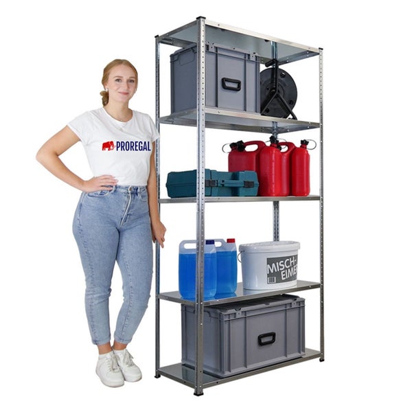 Metallregal mit fünf Ebenen, gefüllt mit Aufbewahrungsboxen und Behältern, mit einer daneben stehenden Person.