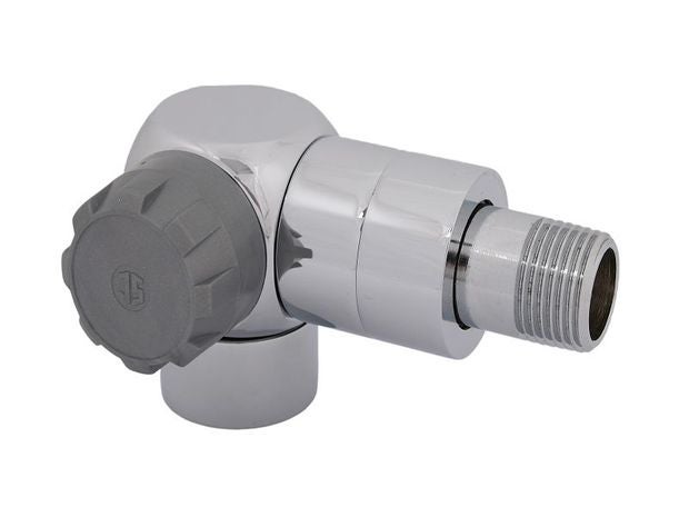 Heizkörperventil in Eckform aus verchromtem Metall mit grauem Drehgriff.