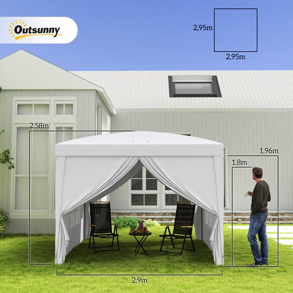 Outsunny Pavillon ca.3x3m, wasserabweisend Stabil Winterfest Pop-up Faltpavillon, UV Schutz 50+, Faltbar Partyzelt Gartenzelt mit 4 Seitenteilen Tasche Gartenpavillon für Camping Garten, Weiß