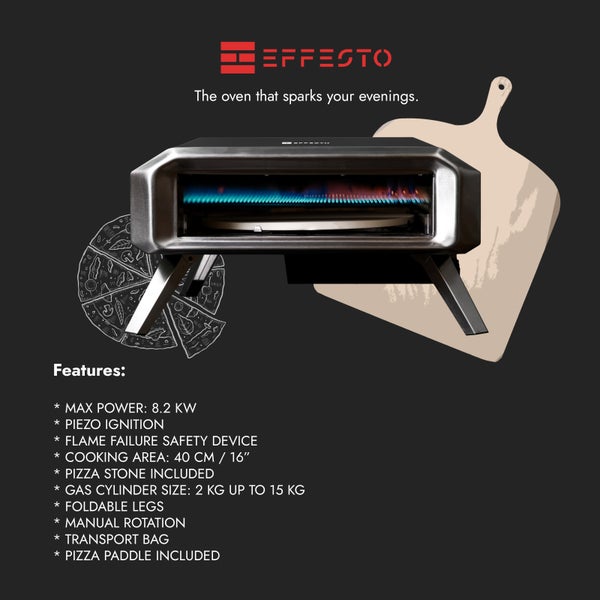 Effetto Logo. Gas Pizzaofen mit klappbaren Beinen, Pizzastein und Pizzaschieber.