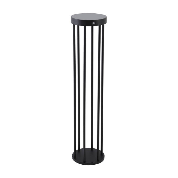 Schwarze Wegeleuchte in Zylinderform mit vertikalen Stäben und Bewegungsmelder für den Außenbereich.