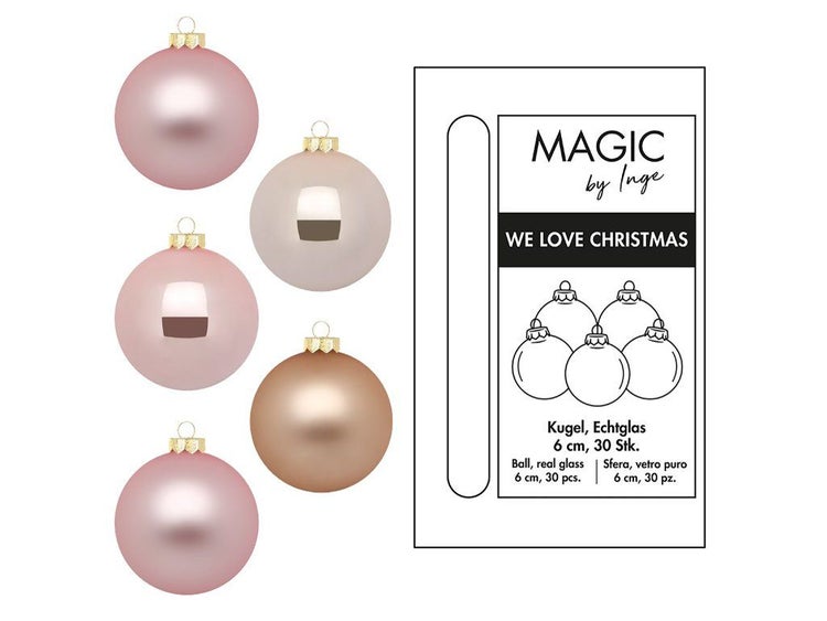 Set mit 30 Weihnachtsbaumkugeln aus Echtglas von Magic by Inge, Durchmesser 6 Zentimeter, für die Weihnachtsdekoration.