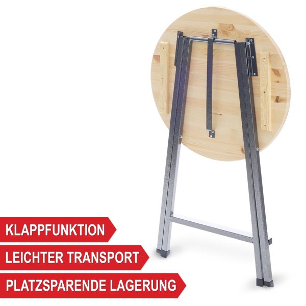 Klappbarer Stehtisch mit runder Holzplatte und Metallgestell, klappbar für einfachen Transport und platzsparende Lagerung.