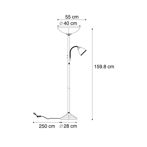 Maßskizze eines Deckenfluters mit Leselicht mit einer Höhe von 159,8 Zentimeter und einem Durchmesser von 40 Zentimeter.