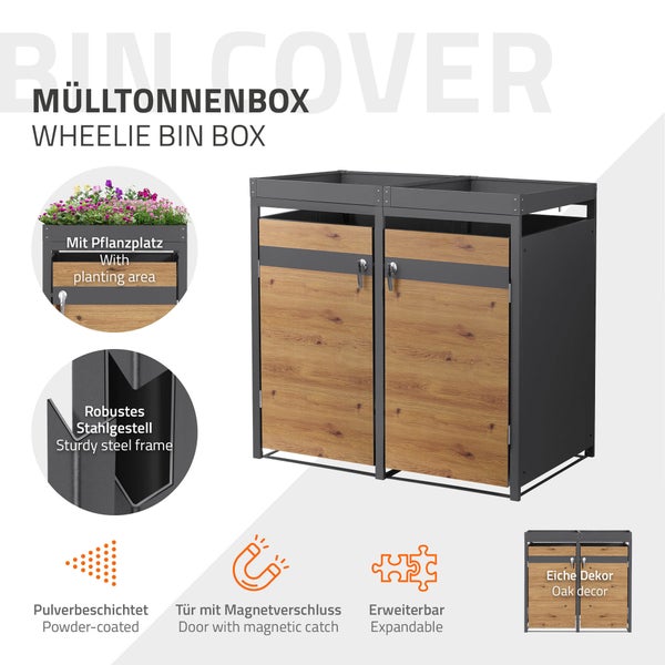 Zweifach-Mülltonnenbox mit Türen in Eiche-Dekor, Pflanzdach, pulverbeschichtetem Stahlgestell, Magnetverschluss und erweiterbarem System.