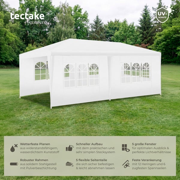 Weißes Gartenpavillon von tectake garden mit wasserdichten Planen, Stahlgestell, UV Schutz, fünf Fenstern und flexiblem Stecksystem auf Rasen.